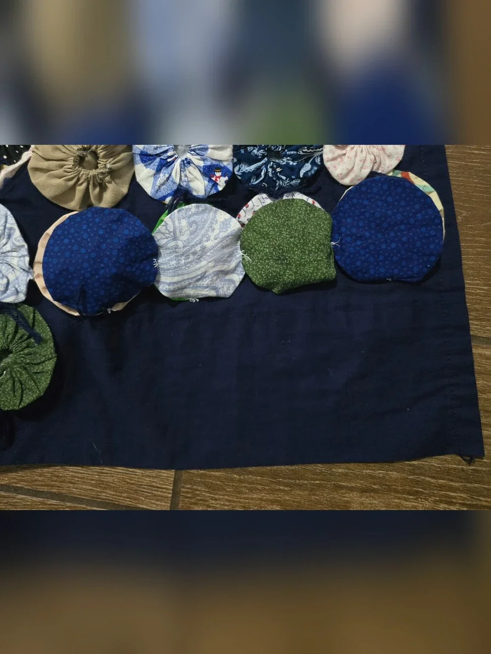 VTG Handmade YoYo Quilt Color Patchwork Dark Blue Backing Coverlet 96x86 Grandma